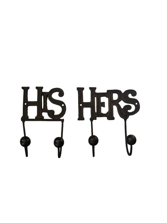 Unknown Other - VINTAGE His & Hers Cast Iron Wall Hooks Black Double Hooks Bathroom Towel Rustic